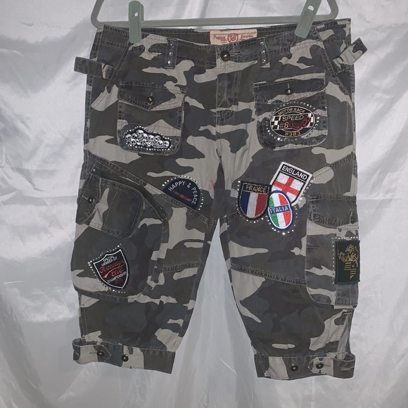 Denim - TELL Premium Surplus Womens Camo Cargo Capris Army Bling Patches Sz XL Skulls
